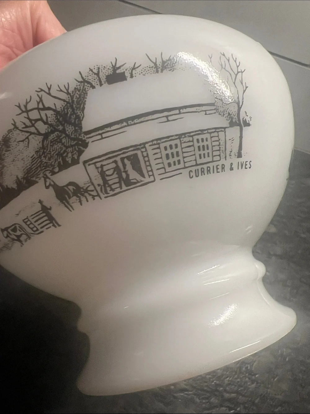 Currier and Ives White Milk Glass oil Lamp base only. See example pic.